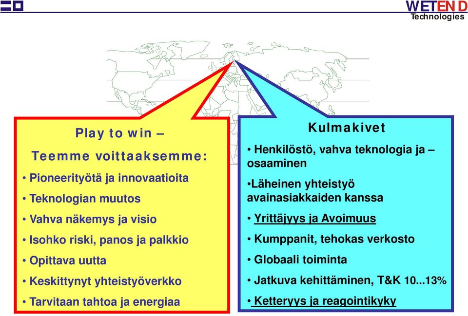 Kulmakivet Henkilöstö, vahva teknologia ja osaaminen Läheinen yhteistyö avainasiakkaiden kanssa Yrittäjyys