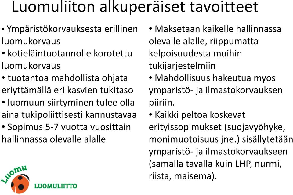 Maksetaan kaikelle hallinnassa olevalle alalle, riippumatta kelpoisuudesta muihin tukijarjestelmiin Mahdollisuus hakeutua myos ymparistö- ja ilmastokorvauksen