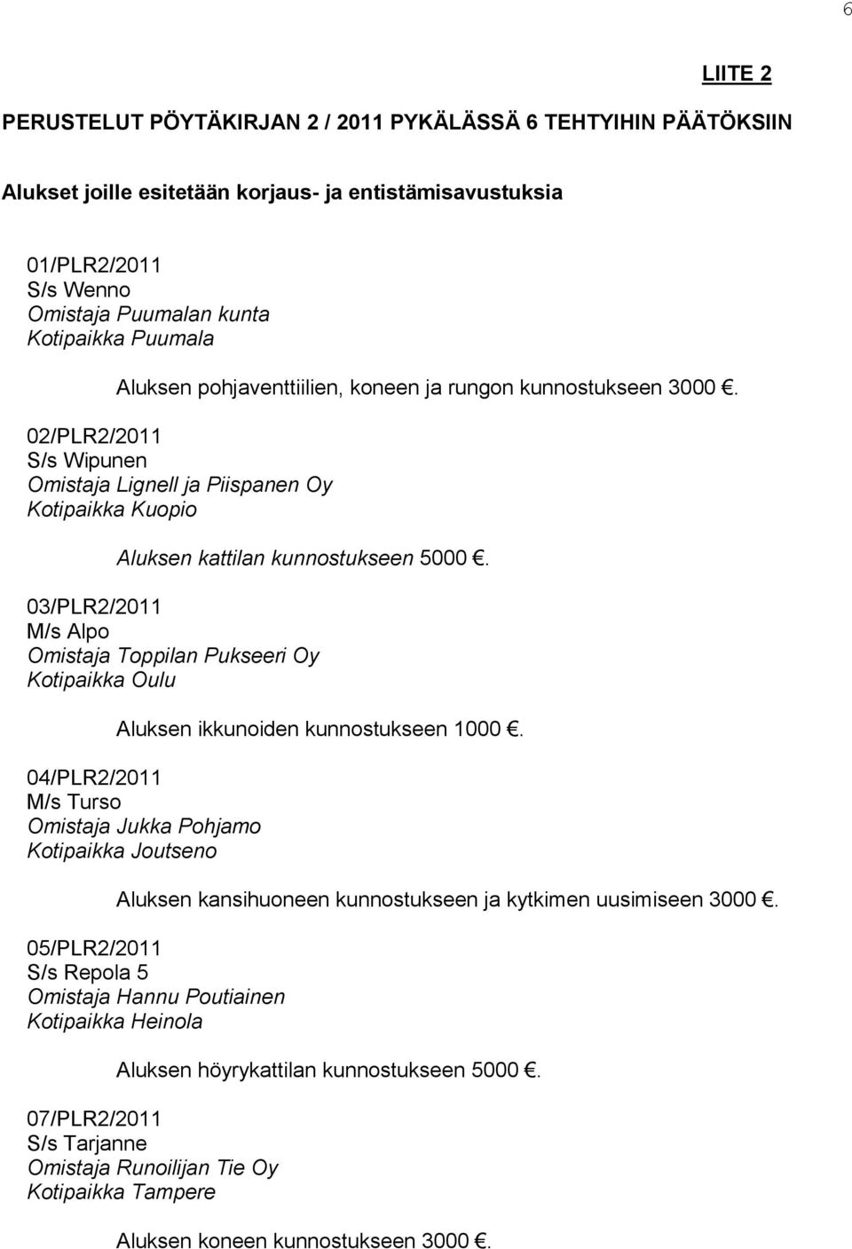 03/PLR2/2011 M/s Alpo Omistaja Toppilan Pukseeri Oy Kotipaikka Oulu Aluksen ikkunoiden kunnostukseen 1000.