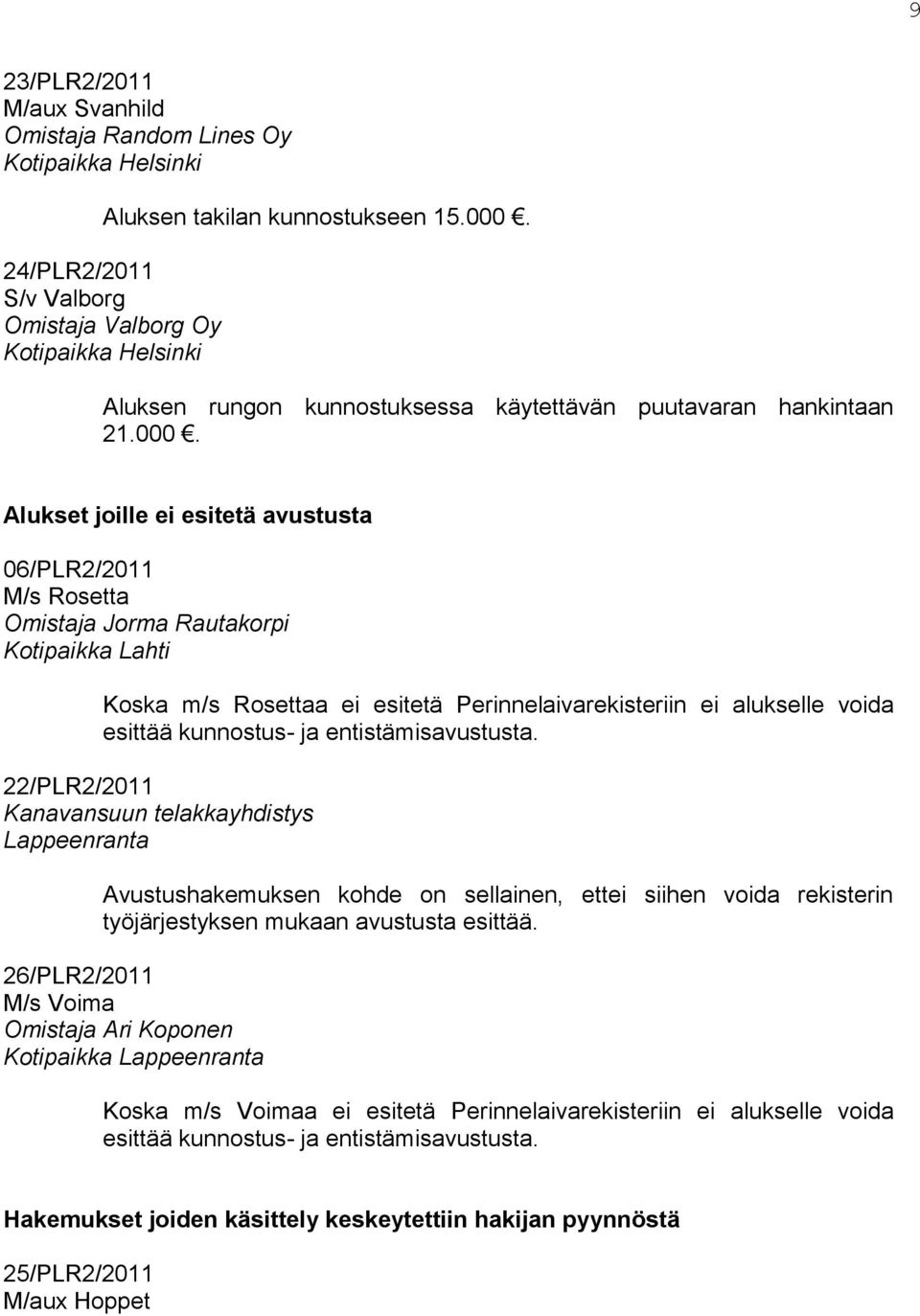 Alukset joille ei esitetä avustusta 06/PLR2/2011 M/s Rosetta Omistaja Jorma Rautakorpi Kotipaikka Lahti Koska m/s Rosettaa ei esitetä Perinnelaivarekisteriin ei alukselle voida esittää kunnostus- ja