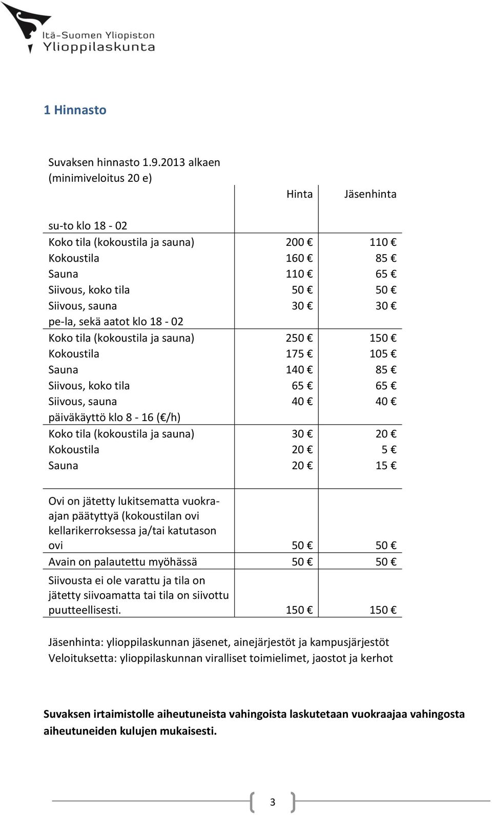 aatot klo 18-02 Koko tila (kokoustila ja sauna) 250 150 Kokoustila 175 105 Sauna 140 85 Siivous, koko tila 65 65 Siivous, sauna 40 40 päiväkäyttö klo 8-16 ( /h) Koko tila (kokoustila ja sauna) 30 20