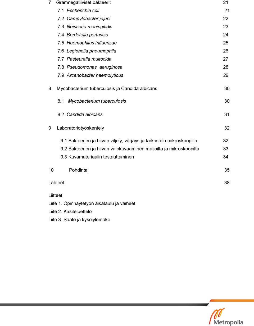 1 Mycobacterium tuberculosis 30 8.2 Candida albicans 31 9 Laboratoriotyöskentely 32 9.1 Bakteerien ja hiivan viljely, värjäys ja tarkastelu mikroskoopilla 32 9.