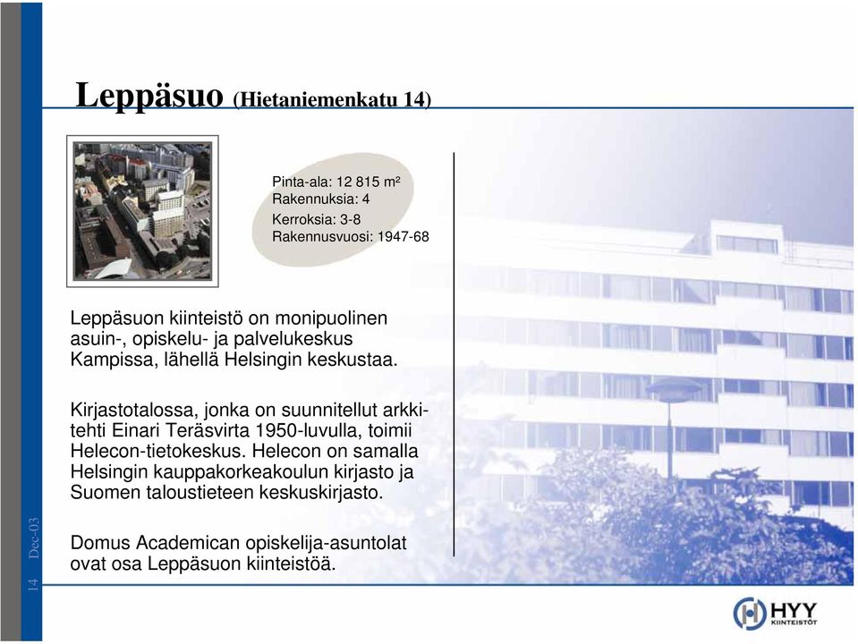 Kirjastotalossa, jonka on suunnitellut arkkitehti Einari Teräsvirta 1950-luvulla, toimii Helecon-tietokeskus.