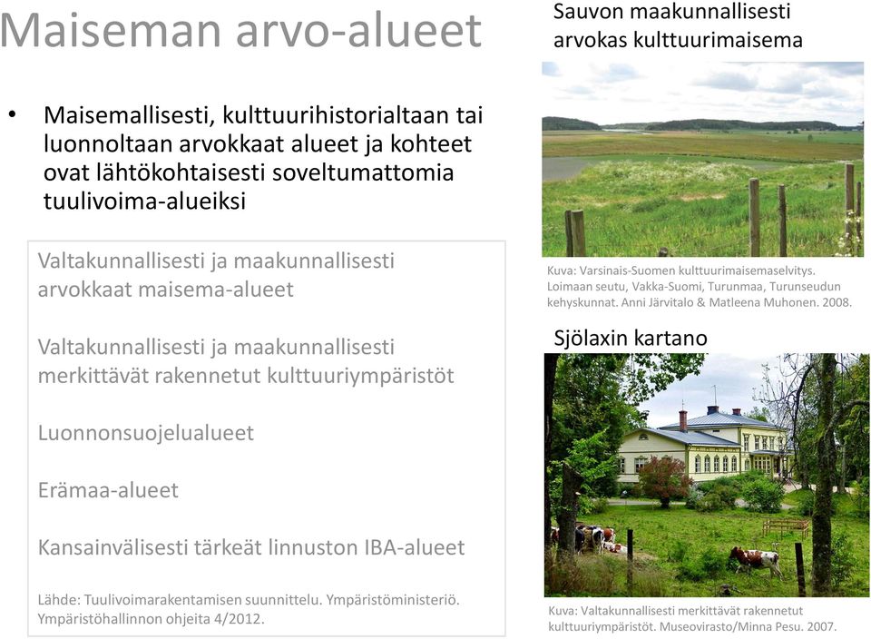 kulttuurimaisemaselvitys. Loimaan seutu, Vakka-Suomi, Turunmaa, Turunseudun kehyskunnat. Anni Järvitalo & Matleena Muhonen. 2008.