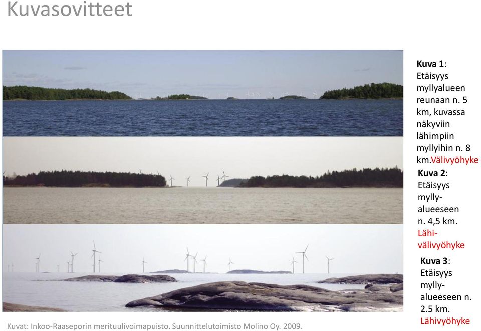 5 km, kuvassa näkyviin lähimpiin myllyihin n. 8 km.