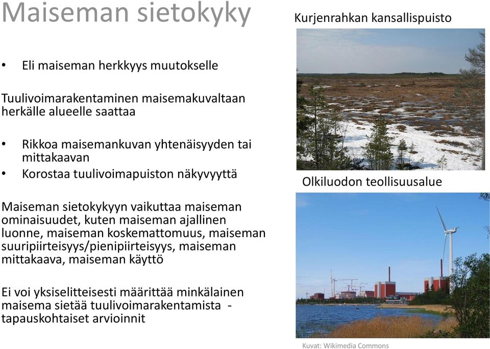 maiseman ajallinen luonne, maiseman koskemattomuus, maiseman suuripiirteisyys/pienipiirteisyys, maiseman mittakaava, maiseman käyttö Olkiluodon