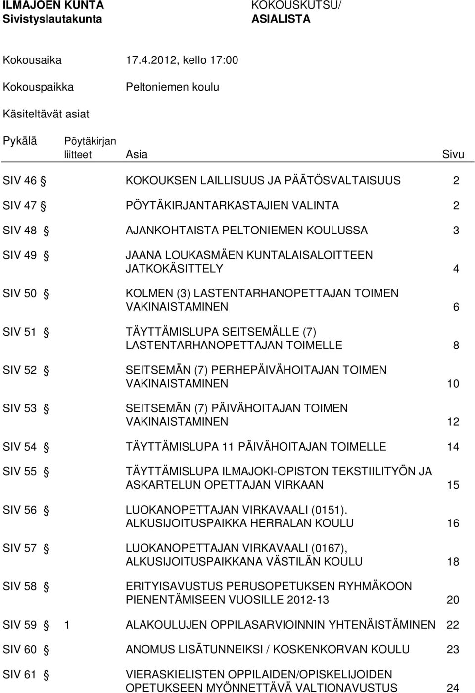 AJANKOHTAISTA PELTONIEMEN KOULUSSA 3 SIV 49 SIV 50 JAANA LOUKASMÄEN KUNTALAISALOITTEEN JATKOKÄSITTELY 4 KOLMEN (3) LASTENTARHANOPETTAJAN TOIMEN VAKINAISTAMINEN 6 SIV 51 TÄYTTÄMISLUPA SEITSEMÄLLE (7)