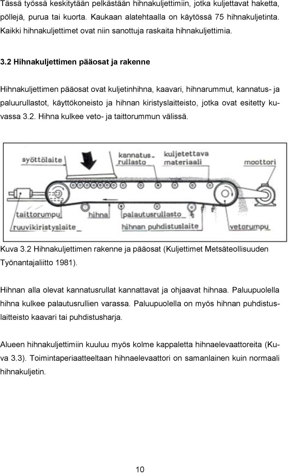 2 Hihnakuljettimen pääosat ja rakenne Hihnakuljettimen pääosat ovat kuljetinhihna, kaavari, hihnarummut, kannatus- ja paluurullastot, käyttökoneisto ja hihnan kiristyslaitteisto, jotka ovat esitetty