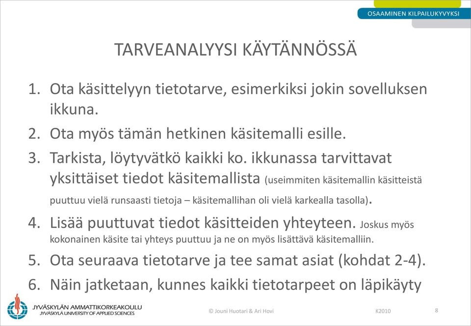 ikkunassa tarvittavat yksittäiset tiedot käsitemallista (useimmiten käsitemallin käsitteistä puuttuu vielä runsaasti tietoja käsitemallihan oli vielä