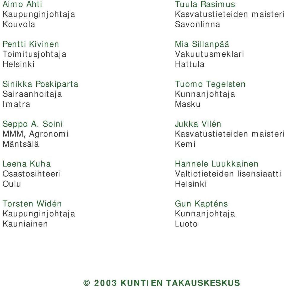 Kasvatustieteiden maisteri Savonlinna Mia Sillanpää Vakuutusmeklari Hattula Tuomo Tegelsten Kunnanjohtaja Masku Jukka