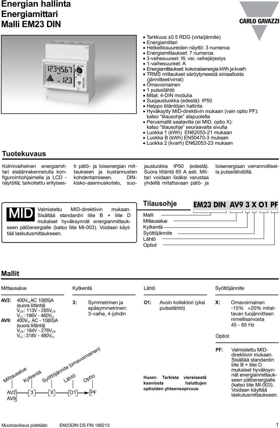 ja kvarh TRMS mittaukset säröytyneestä siniaallosta (jännitteet/virrat) Omavoimainen 1 pulssilähtö Mitat: 4-DIN modulia Suojausluokka (edestä): IP50 Helppo liitäntöjen hallinta Hyväksytty