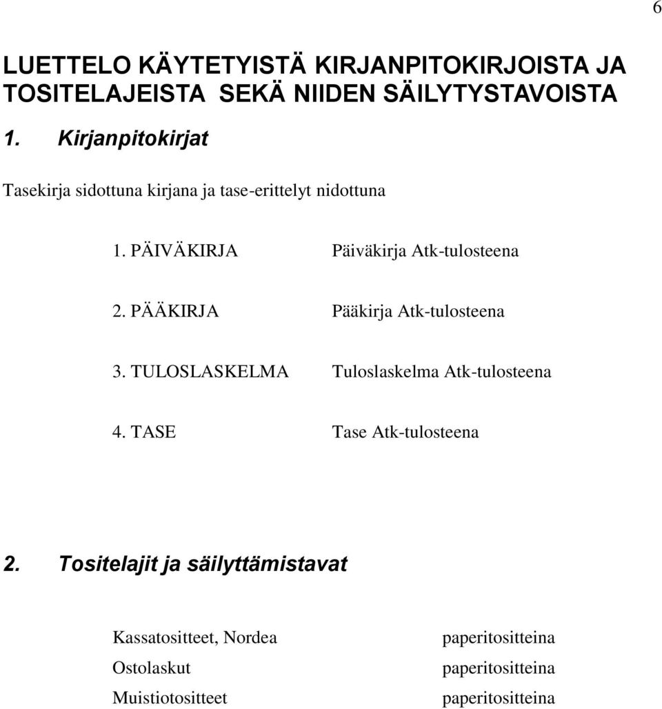 PÄIVÄKIRJA Päiväkirja Atk-tulosteena 2. PÄÄKIRJA Pääkirja Atk-tulosteena 3.