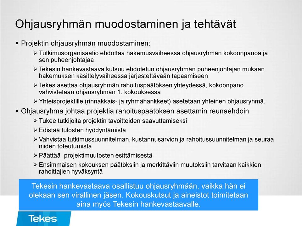 kokouksessa Yhteisprojektille (rinnakkais- ja ryhmähankkeet) asetetaan yhteinen ohjausryhmä.