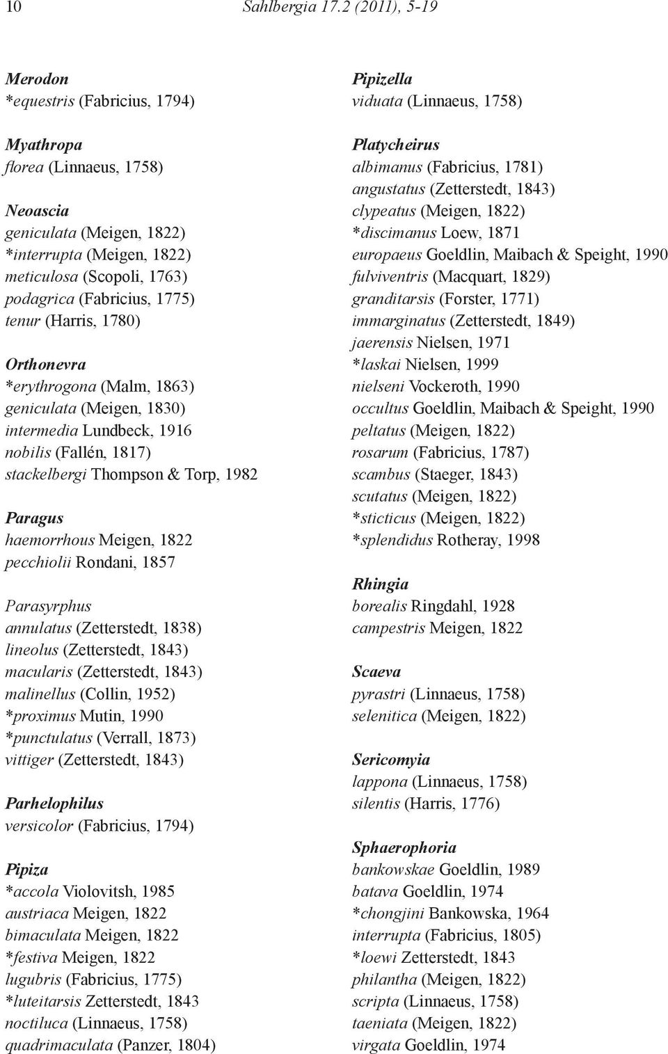 1775) tenur (Harris, 1780) Orthonevra *erythrogona (Malm, 1863) geniculata (Meigen, 1830) intermedia Lundbeck, 1916 nobilis (Fallén, 1817) stackelbergi Thompson & Torp, 1982 Paragus haemorrhous