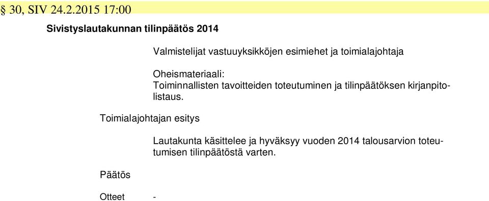 Valmistelijat vastuuyksikköjen esimiehet ja toimialajohtaja Oheismateriaali: