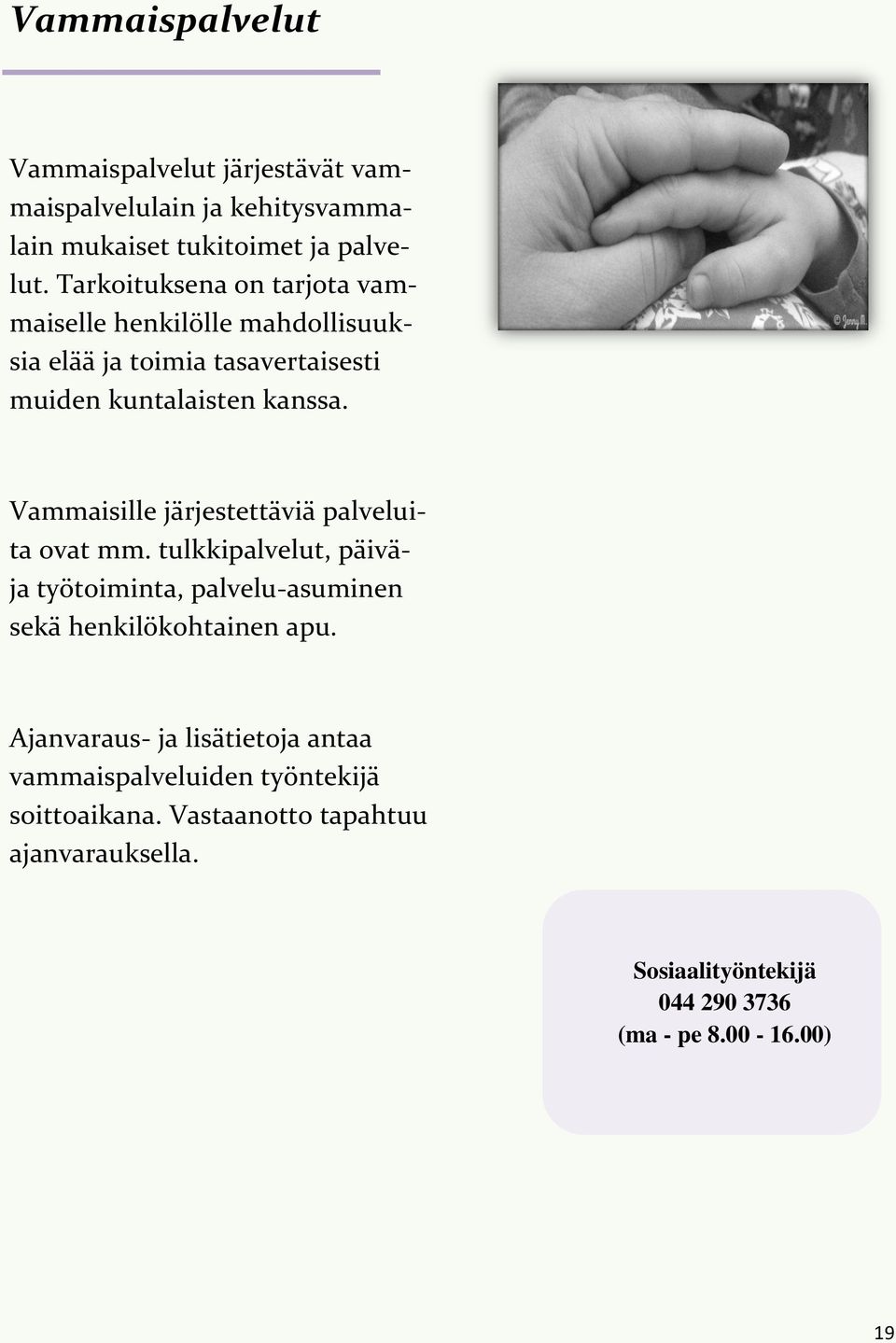 Vammaisille järjestettäviä palveluita ovat mm. tulkkipalvelut, päiväja työtoiminta, palvelu-asuminen sekä henkilökohtainen apu.