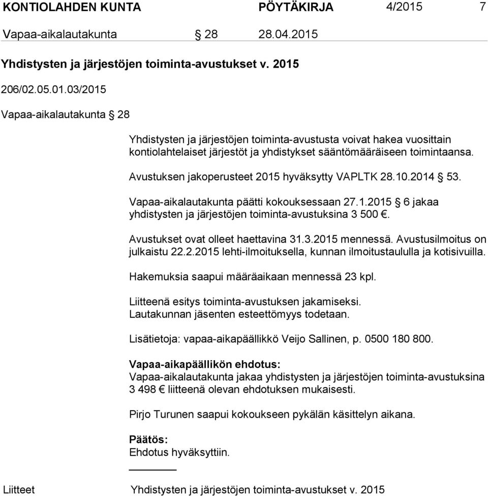 Yhdistysten ja järjestöjen toiminta-avustukset v. 2015
