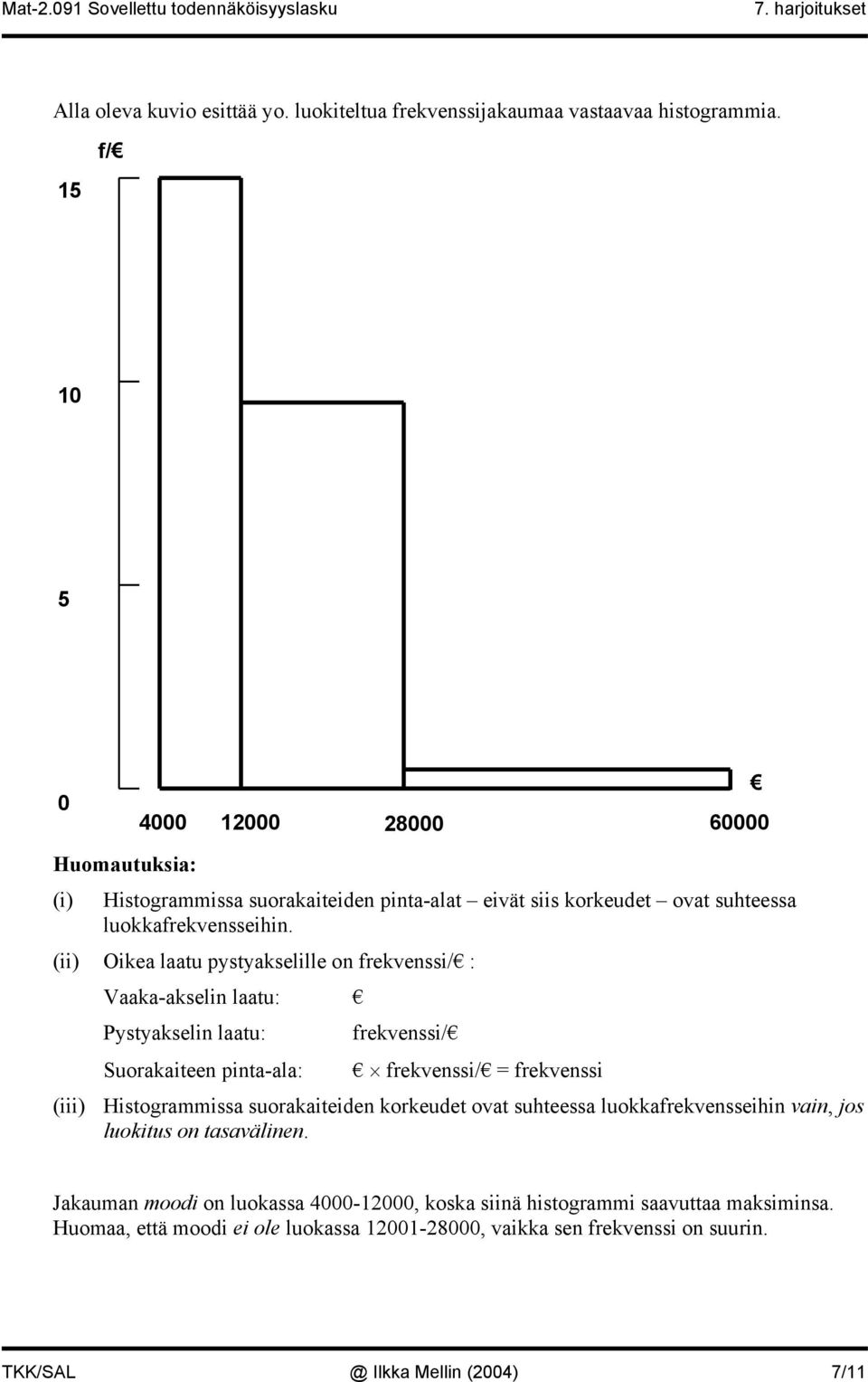 (ii) Oikea laatu pystyakselille o frekvessi/ : Vaaka-akseli laatu: Pystyakseli laatu: frekvessi/ Suorakaitee pita-ala: frekvessi/ = frekvessi (iii) Histogrammissa