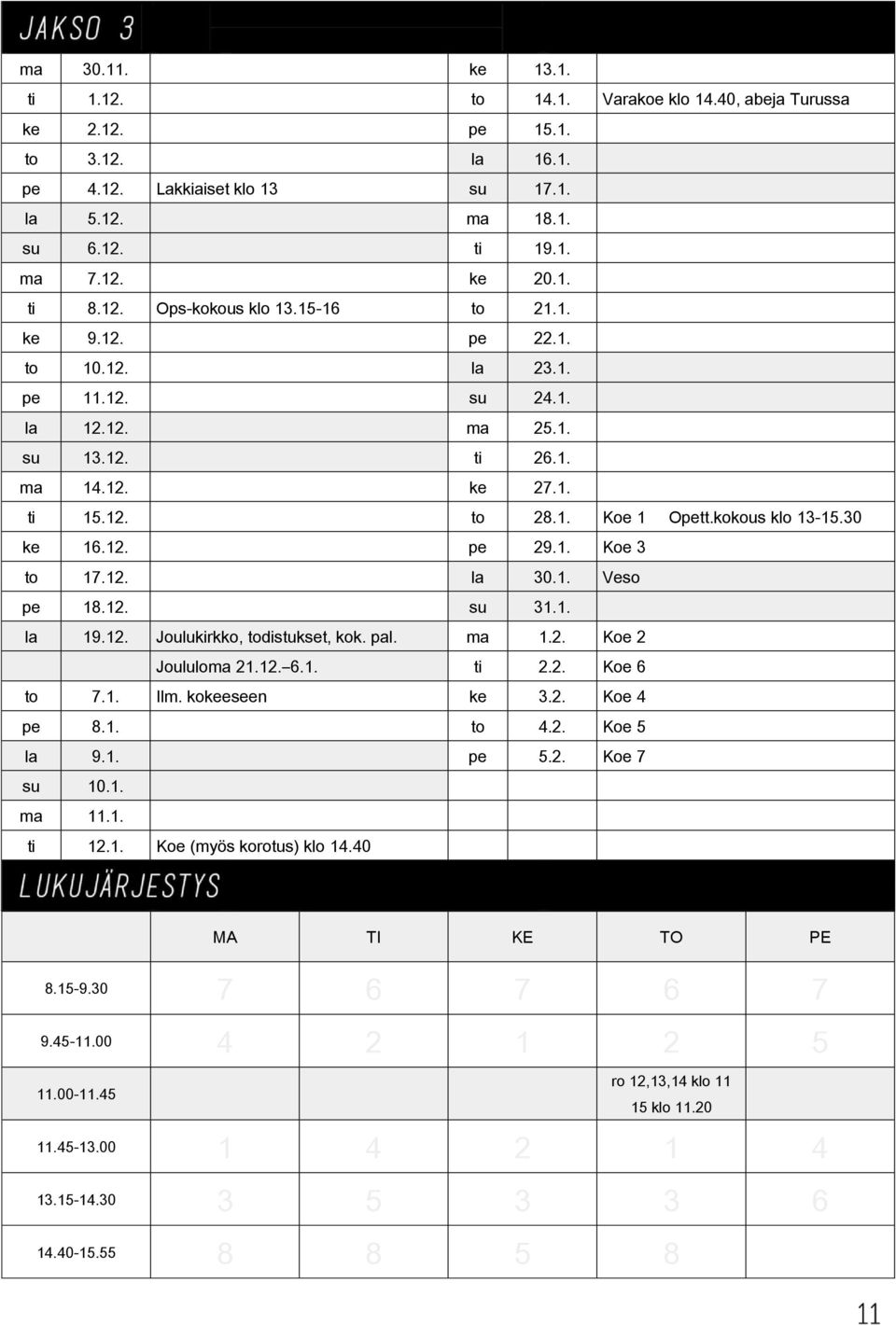 30 ke 16.12. pe 29.1. Koe 3 to 17.12. la 30.1. Veso pe 18.12. su 31.1. la 19.12. Joulukirkko, todistukset, kok. pal. ma 1.2. Koe 2 Joululoma 21.12. 6.1. ti 2.2. Koe 6 to 7.1. Ilm. kokeeseen ke 3.2. Koe 4 pe 8.