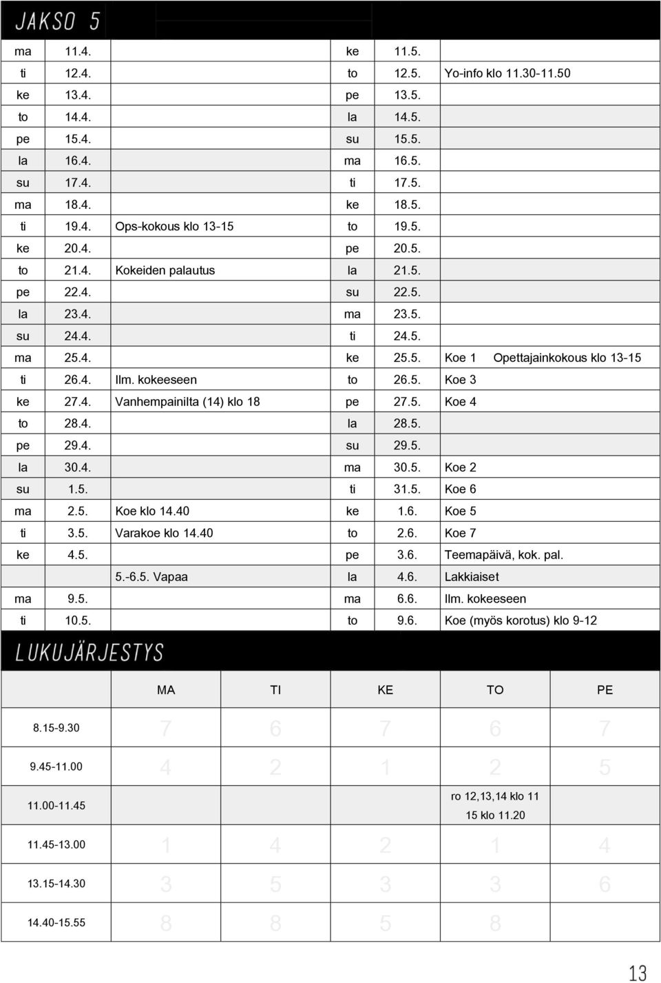 4. Vanhempainilta (14) klo 18 pe 27.5. Koe 4 to 28.4. la 28.5. pe 29.4. su 29.5. la 30.4. ma 30.5. Koe 2 su 1.5. ti 31.5. Koe 6 ma 2.5. Koe klo 14.40 ke 1.6. Koe 5 ti 3.5. Varakoe klo 14.40 to 2.6. Koe 7 ke 4.