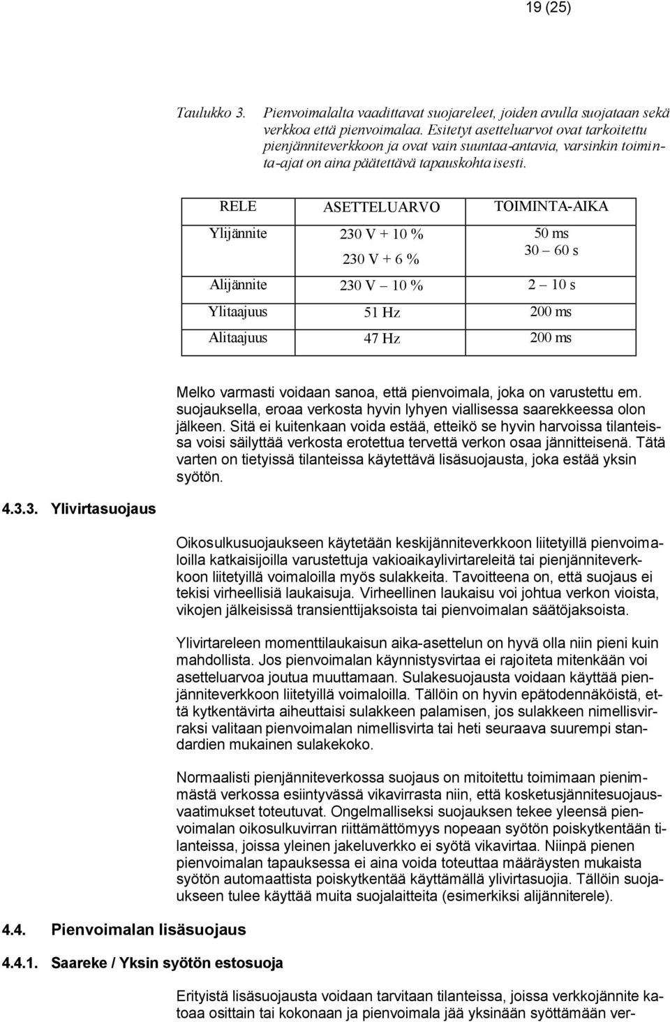 RELE ASETTELUARVO TOIMINTA-AIKA Ylijännite 230 V + 10 % 230 V + 6 % 50 ms 30 60 s Alijännite 230 V 10 % 2 10 s Ylitaajuus 51 Hz 200 ms Alitaajuus 47 Hz 200 ms Melko varmasti voidaan sanoa, että