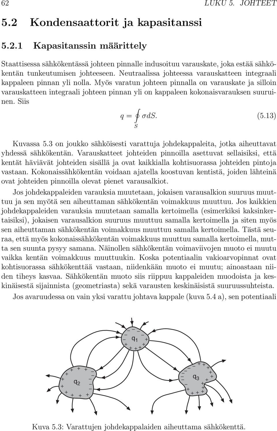 Myös varatun johteen pinnalla on varauskate ja silloin varauskatteen integraali johteen pinnan yli on kappaleen kokonaisvarauksen suuruinen. Siis = σds. (5.13) S Kuvassa 5.