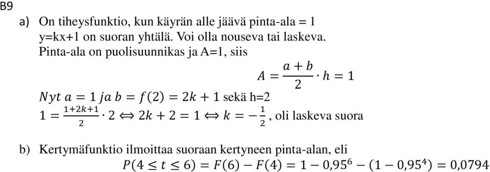 Pinta-ala on puolisuunnikas ja A=1, siis a + b A = h = 1 Nyt a = 1 ja b = f() = k + 1 sekä