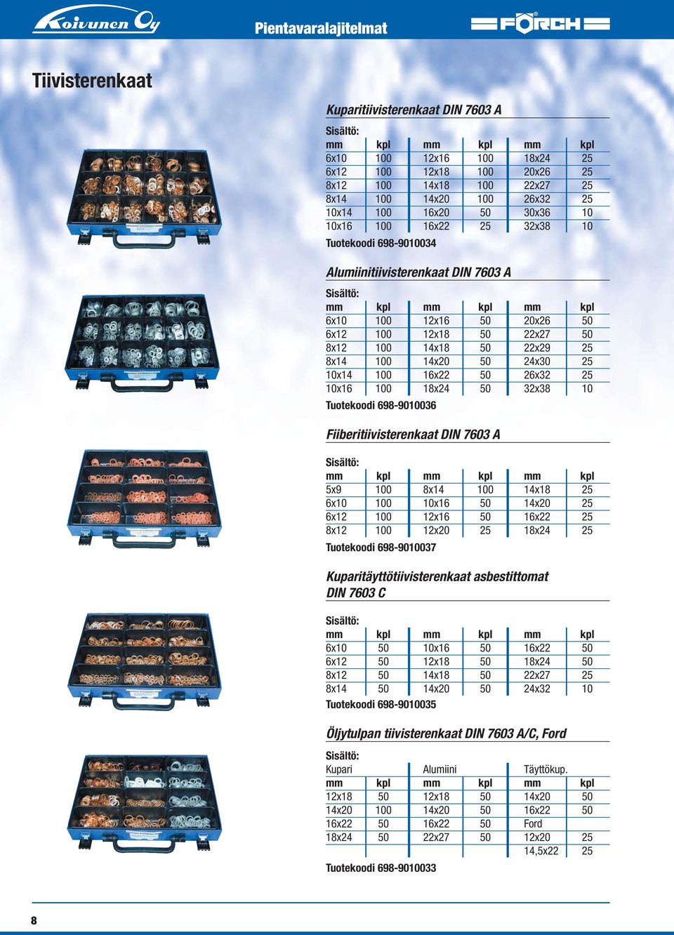 50 26x32 25 10x16 100 18x24 50 32x38 10 Tuotekoodi 698-9010036 Fiiberitiivisterenkaat DIN 7603 A 5x9 100 8x14 100 14x18 25 6x10 100 10x16 50 14x20 25 6x12 100 12x16 50 16x22 25 8x12 100 12x20 25