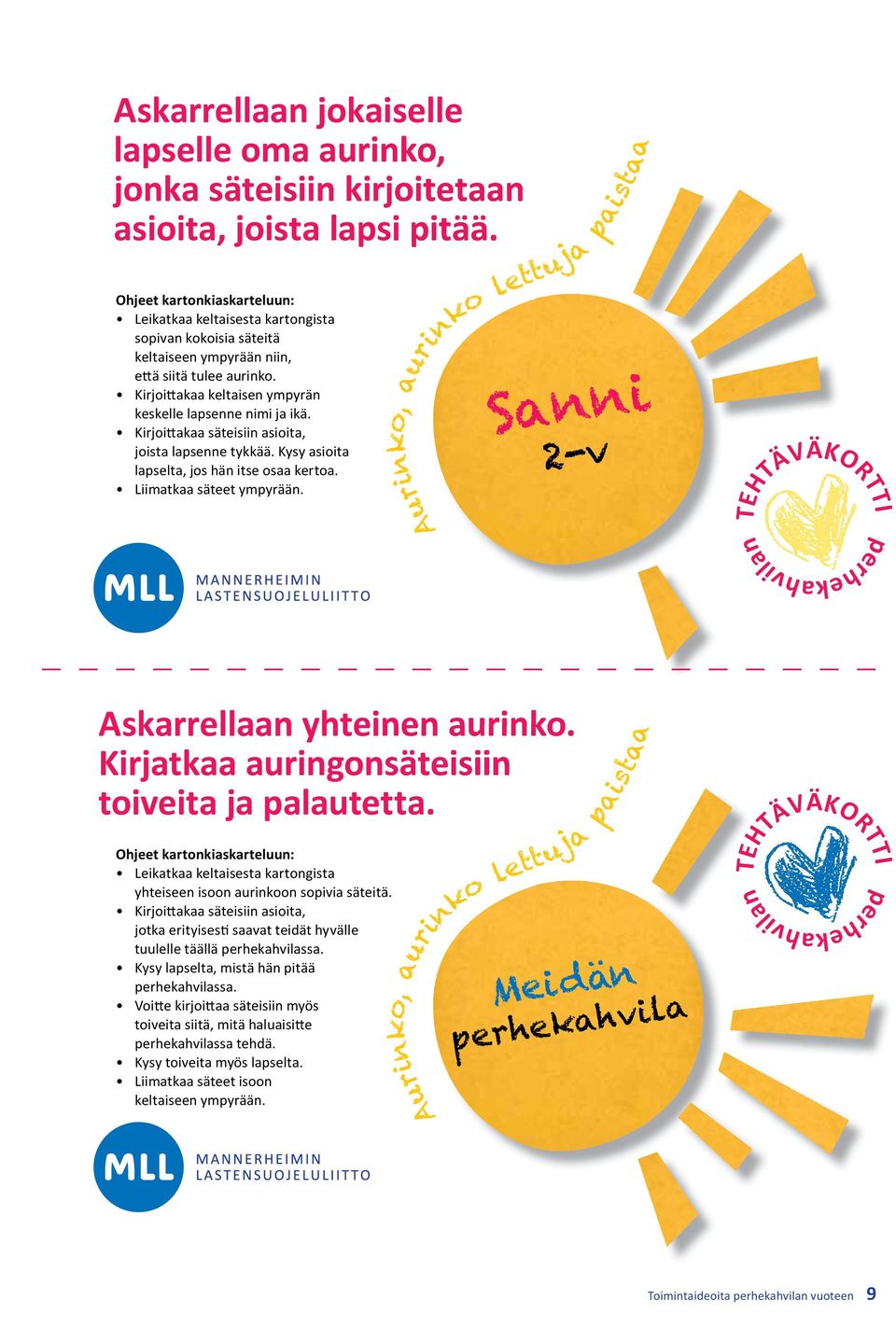 Kirjoittakaa säteisiin asioita, joista lapsenne tykkää. Kysy asioita lapselta, jos hän itse osaa kertoa. Liimatkaa säteet ympyrään.