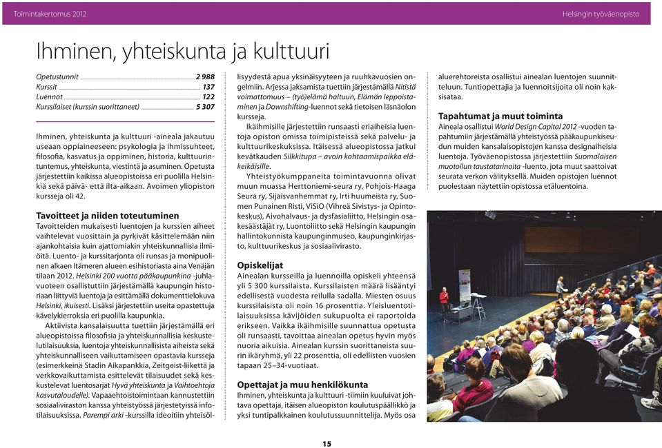 ja asuminen. Opetusta järjestettiin kaikissa alueopistoissa eri puolilla Helsinkiä sekä päivä- että ilta-aikaan. Avoimen yliopiston kursseja oli 42.