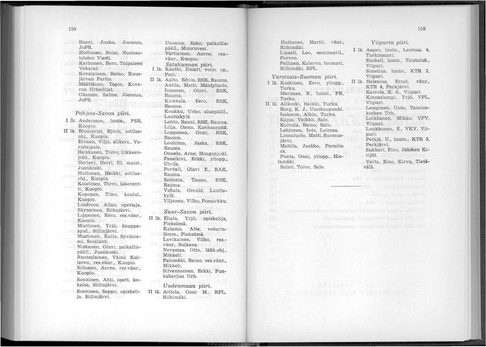Heiskanen, Toivo, liikkeenjoht., Kuopio. Herlevi, Helvi, fil. maist., Juankoski. Huttunen, Heikki, sotilasohj., Kuopio. Koistinen, Toivo, laborantti, Kuopio. Koponen, Timo, koulul., Kuopio. Lindroos, Allan, opettaja, Säyneinen, Siikajärvi.