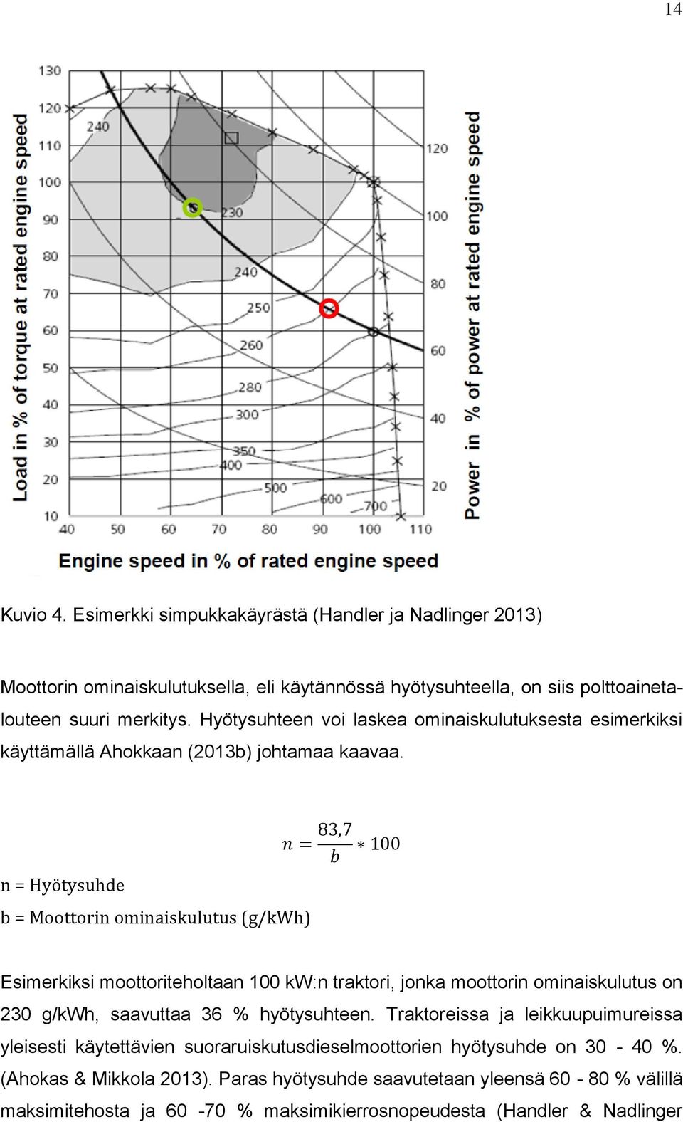 n = Hyötysuhde b = Moottorin ominaiskulutus (g/kwh) Esimerkiksi moottoriteholtaan 100 kw:n traktori, jonka moottorin ominaiskulutus on 230 g/kwh, saavuttaa 36 % hyötysuhteen.