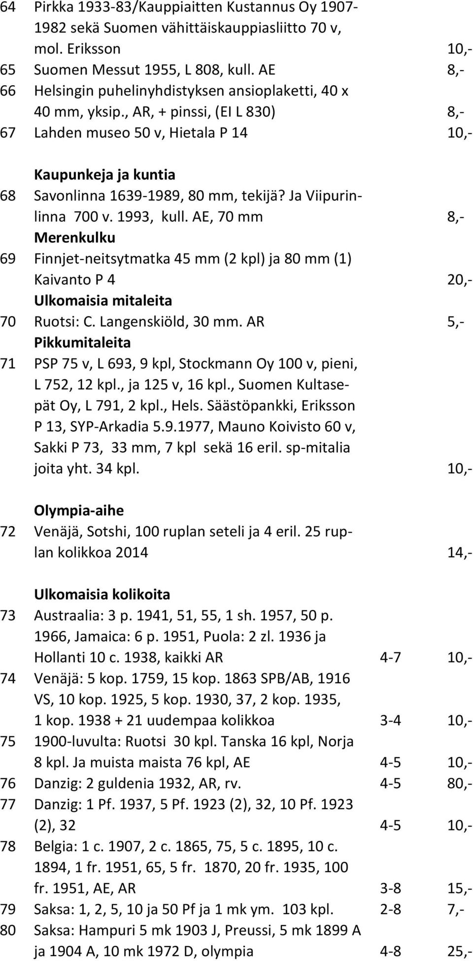 , AR, + pinssi, (EI L 830) 8,- 67 Lahden museo 50 v, Hietala P 14 10,- Kaupunkeja ja kuntia 68 Savonlinna 1639-1989, 80 mm, tekijä? Ja Viipurinlinna 700 v. 1993, kull.