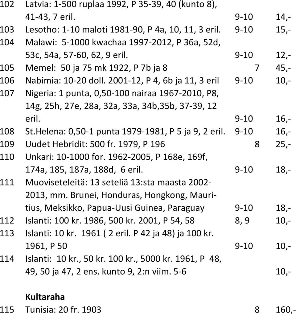 2001-12, P 4, 6b ja 11, 3 eril 9-10 10,- 107 Nigeria: 1 punta, 0,50-100 nairaa 1967-2010, P8, 14g, 25h, 27e, 28a, 32a, 33a, 34b,35b, 37-39, 12 eril. 9-10 16,- 108 St.