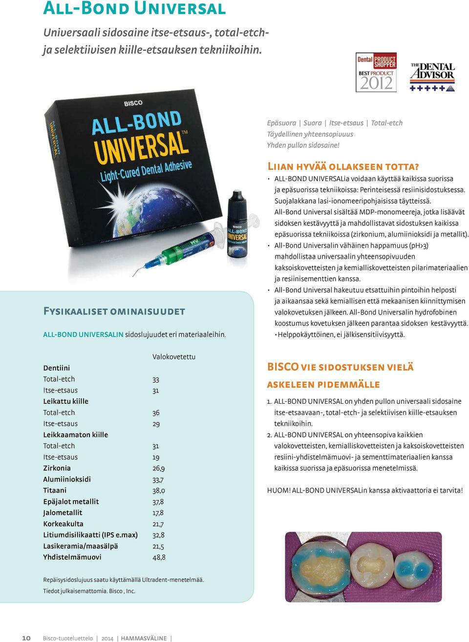 Valokovetettu Dentiini Total-etch 33 Itse-etsaus 31 Leikattu kiille Total-etch 36 Itse-etsaus 29 Leikkaamaton kiille Total-etch 31 Itse-etsaus 19 Zirkonia 26,9 Alumiinioksidi 33,7 Titaani 38,0