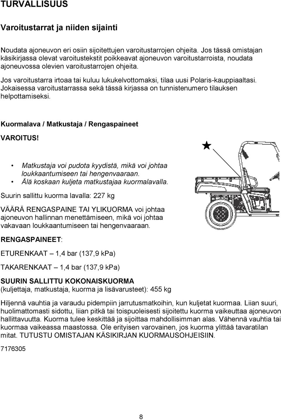 Jos varoitustarra irtoaa tai kuluu lukukelvottomaksi, tilaa uusi Polaris-kauppiaaltasi. Jokaisessa varoitustarrassa sekä tässä kirjassa on tunnistenumero tilauksen helpottamiseksi.