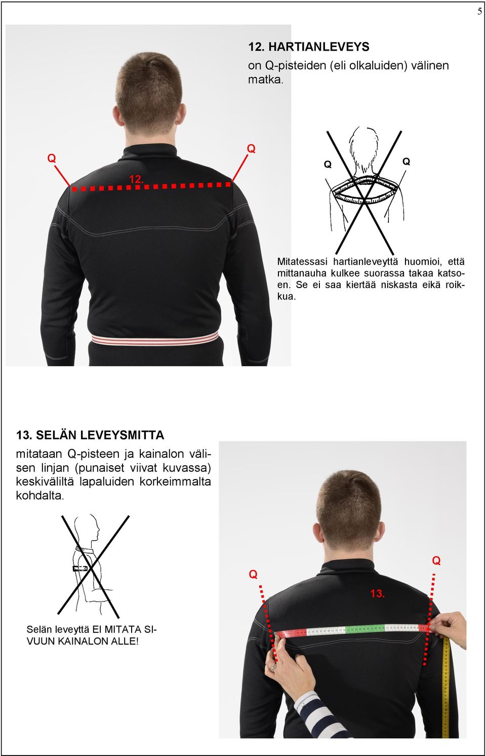 SELÄN LEVEYSMITTA mitataan -pisteen ja kainalon välisen linjan (punaiset viivat kuvassa)