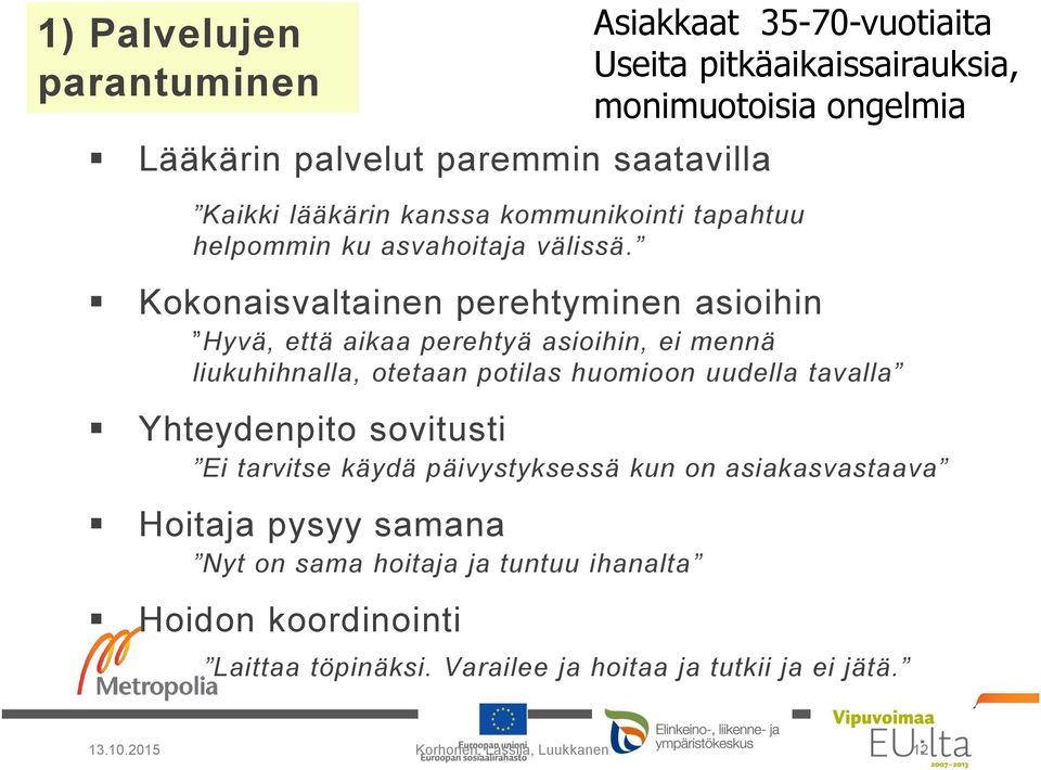 sovitusti Ei tarvitse käydä päivystyksessä kun on asiakasvastaava Hoitaja pysyy samana Nyt on sama hoitaja ja tuntuu ihanalta Hoidon koordinointi Asiakkaat