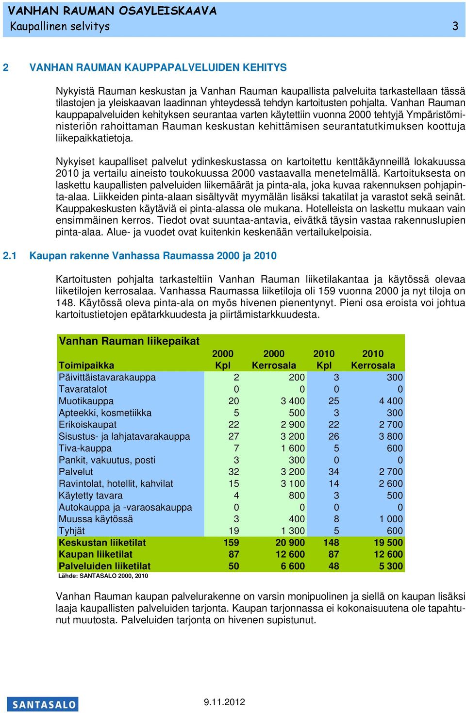Vanhan Rauman kauppapalveluiden kehityksen seurantaa varten käytettiin vuonna 2000 tehtyjä Ympäristöministeriön rahoittaman Rauman keskustan kehittämisen seurantatutkimuksen koottuja