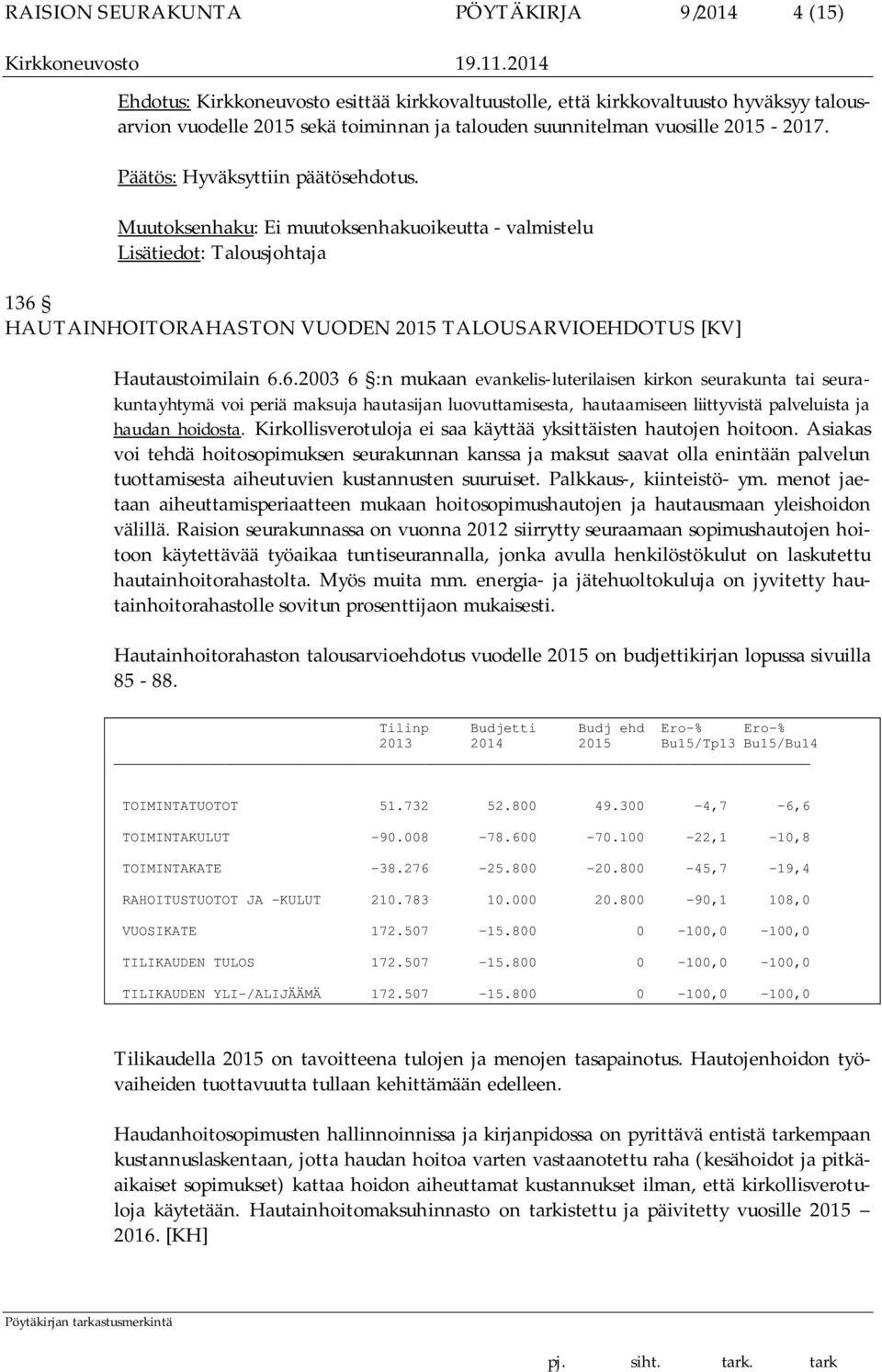 HAUTAINHOITORAHASTON VUODEN 2015 TALOUSARVIOEHDOTUS [KV] Hautaustoimilain 6.