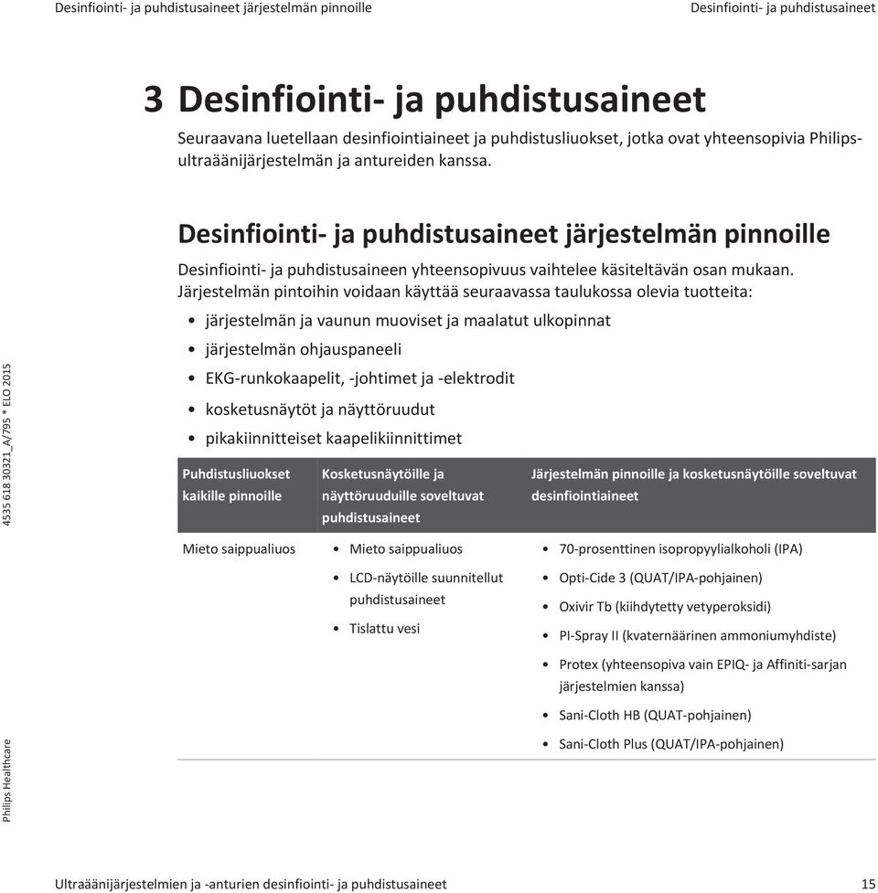 Desinfiointi- ja puhdistusaineet järjestelmän pinnoille Desinfiointi- ja puhdistusaineen yhteensopivuus vaihtelee käsiteltävän osan mukaan.