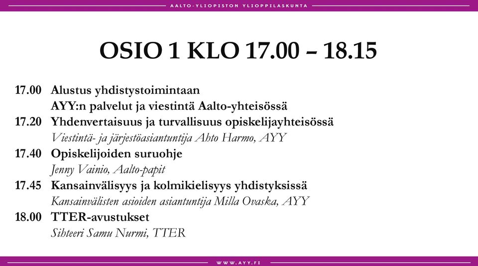 AYY 17.40 Opiskelijoiden suruohje Jenny Vainio, Aalto-papit 17.