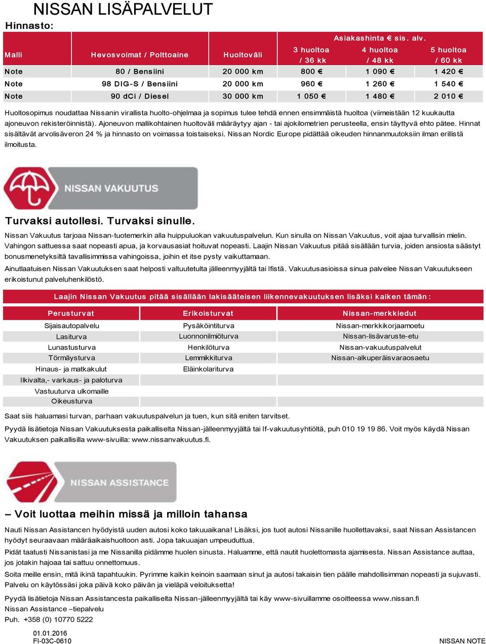 540 Note 90 dci / Dies el 30 000 k m 1 050 1 480 2 010 Huoltosopimus noudattaa Nissanin virallista huolto-ohjelmaa ja sopimus tulee tehdä ennen ensimmäistä huoltoa (viimeistään 12 kuukautta ajoneuvon