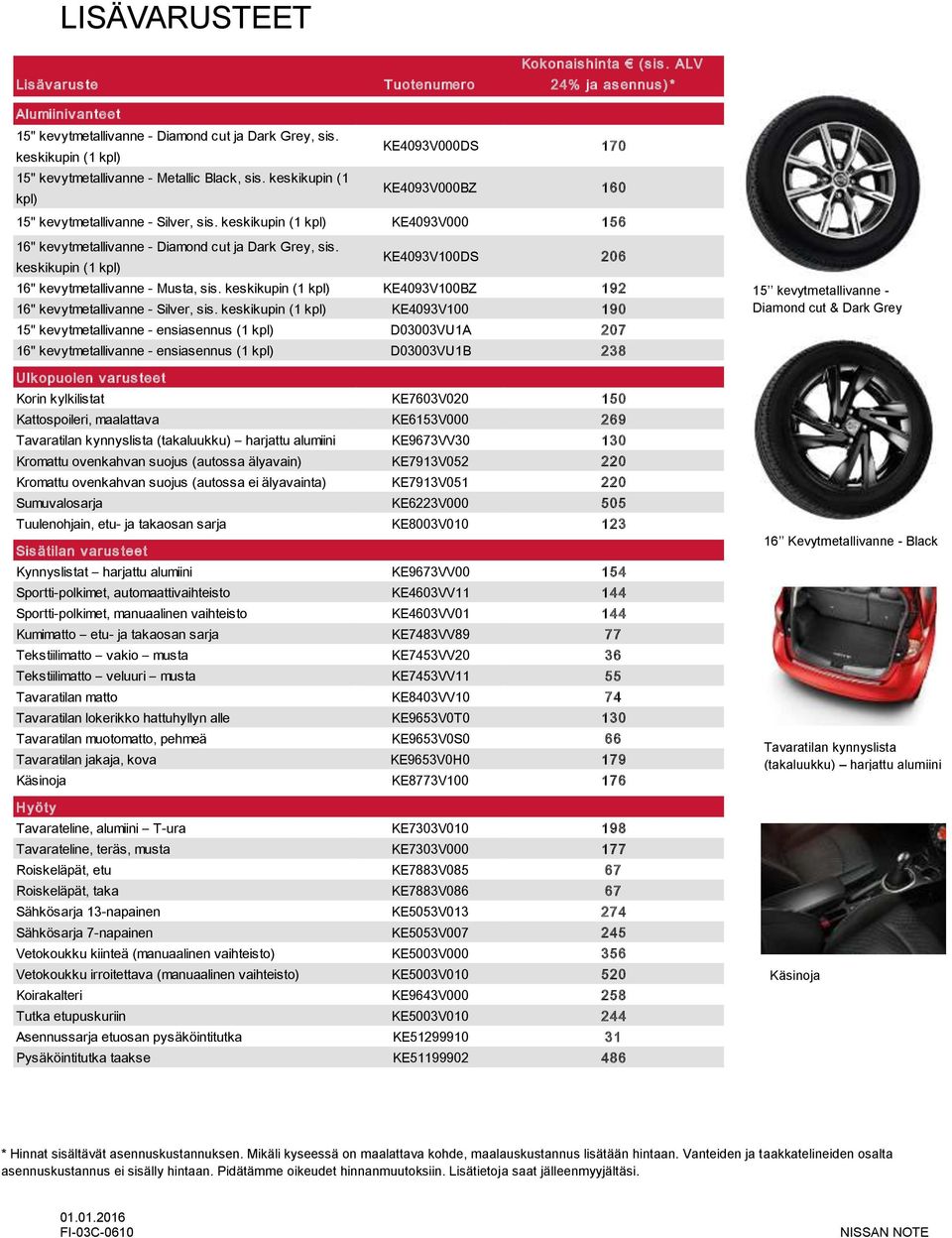 keskikupin (1 kpl) KE4093V000 156 16" kevytmetallivanne - Diamond cut ja Dark Grey, sis. keskikupin (1 kpl) KE4093V100DS 206 16" kevytmetallivanne - Musta, sis.