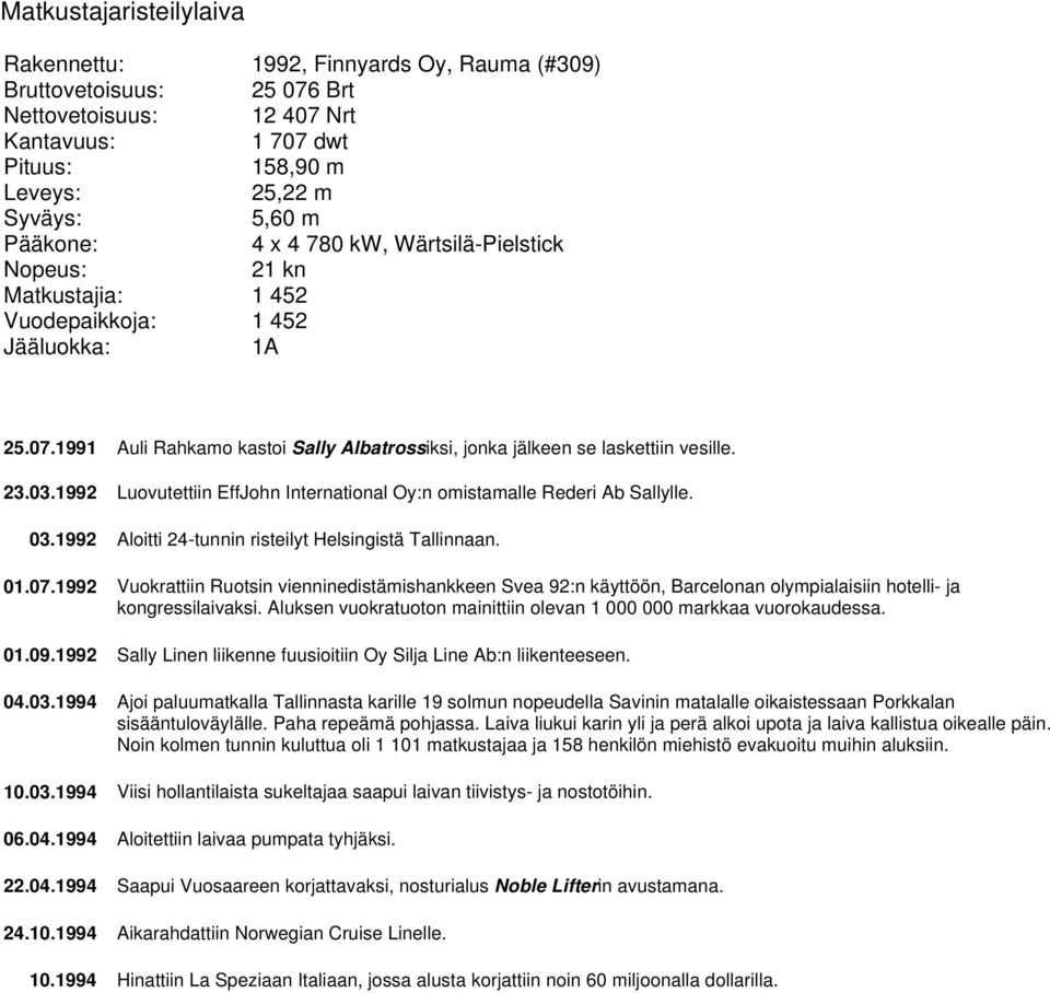 23.03.1992 Luovutettiin EffJohn International Oy:n omistamalle Rederi Ab Sallylle. 03.1992 Aloitti 24-tunnin risteilyt Helsingistä Tallinnaan. 01.07.