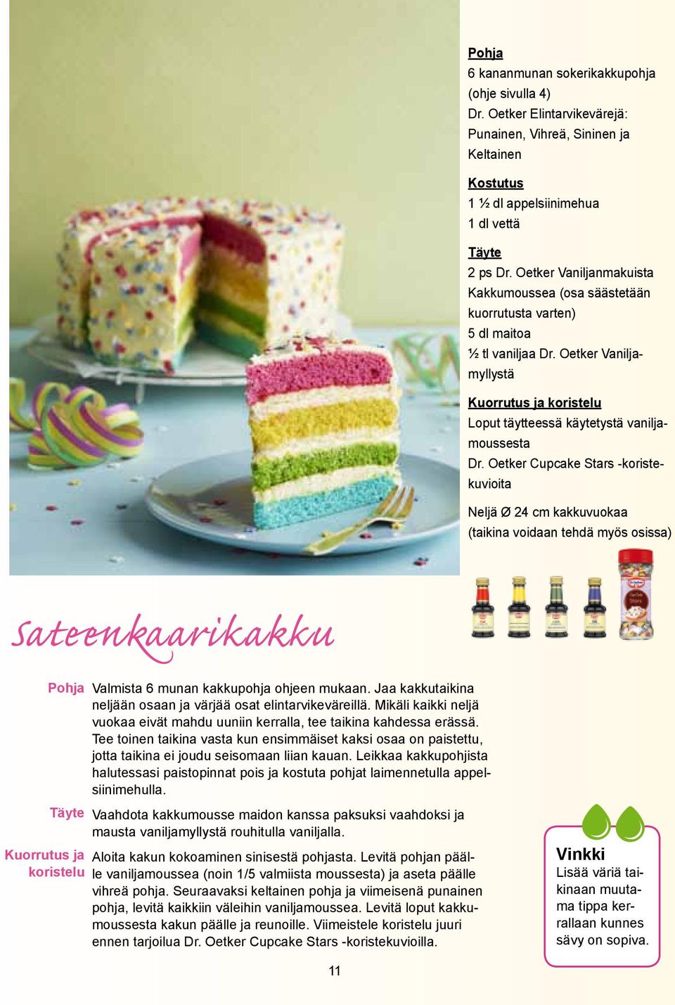 Oetker Cupcake Stars -koristekuvioita Neljä Ø 24 cm kakkuvuokaa (taikina voidaan tehdä myös osissa) Sateenkaarikakku Pohja Kuorrutus ja koristelu Valmista 6 munan kakkupohja ohjeen mukaan.