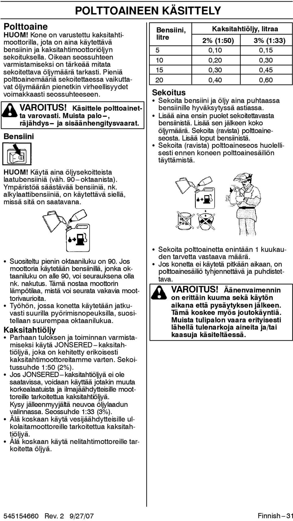 Pieniä polttoainemääriä sekoitettaessa vaikuttavat öljymäärän pienetkin virheellisyydet voimakkaasti seossuhteeseen. VAROITUS! Käsittele polttoainetta varovasti.