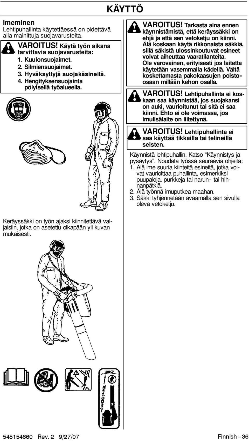 Tarkastaainaennen käynnistämistä, että keräyssäkki on ehjä ja että sen vetoketju on kiinni.