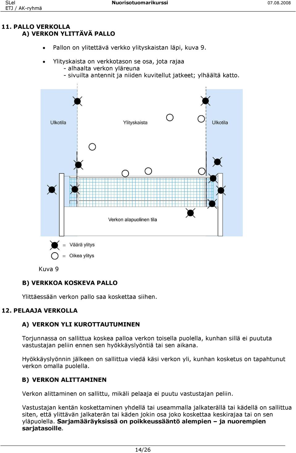 Kuva 9 B) VERKKOA KOSKEVA PALLO Ylittäessään verkon pallo saa koskettaa siihen. 12.