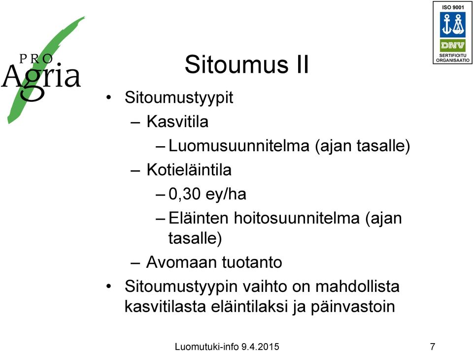 (ajan tasalle) Avomaan tuotanto Sitoumustyypin vaihto on